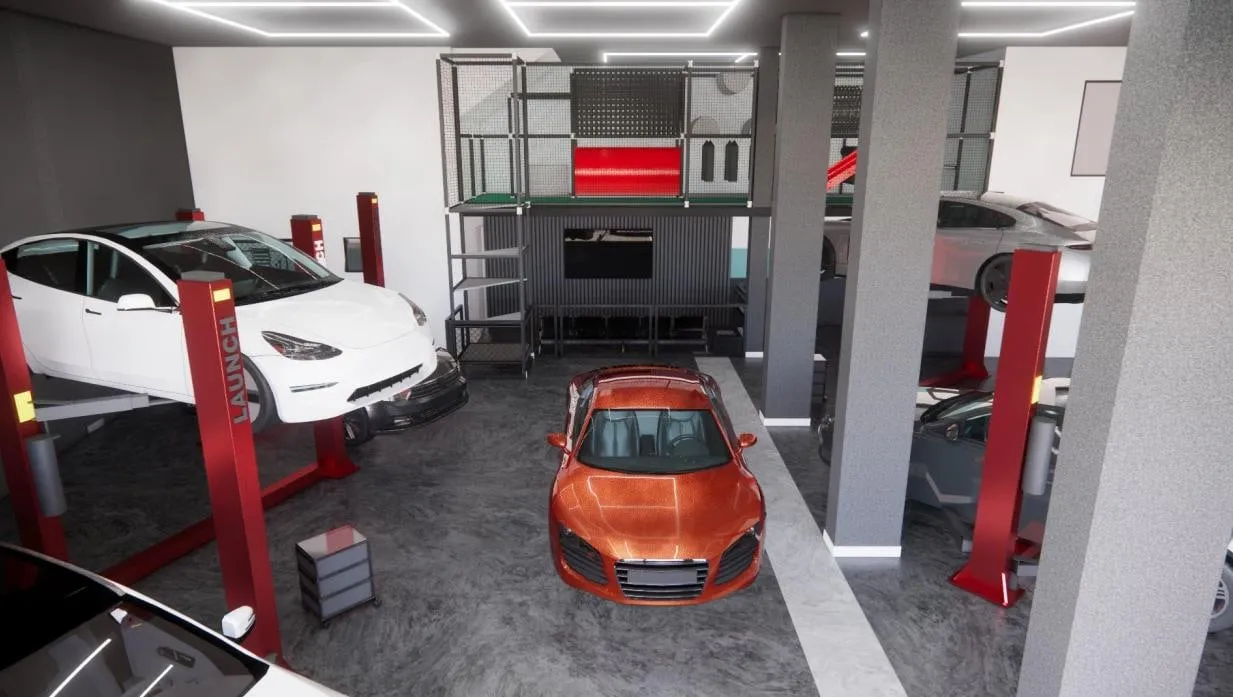 Render 3D em vista superior do salão de serviço com bancada e mezanino