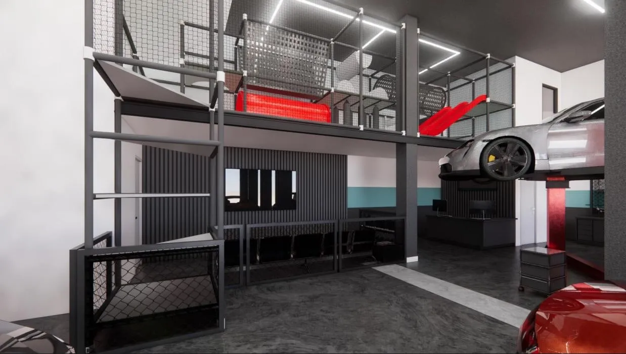 Render 3D do mezanino técnico e da recepção da oficina
