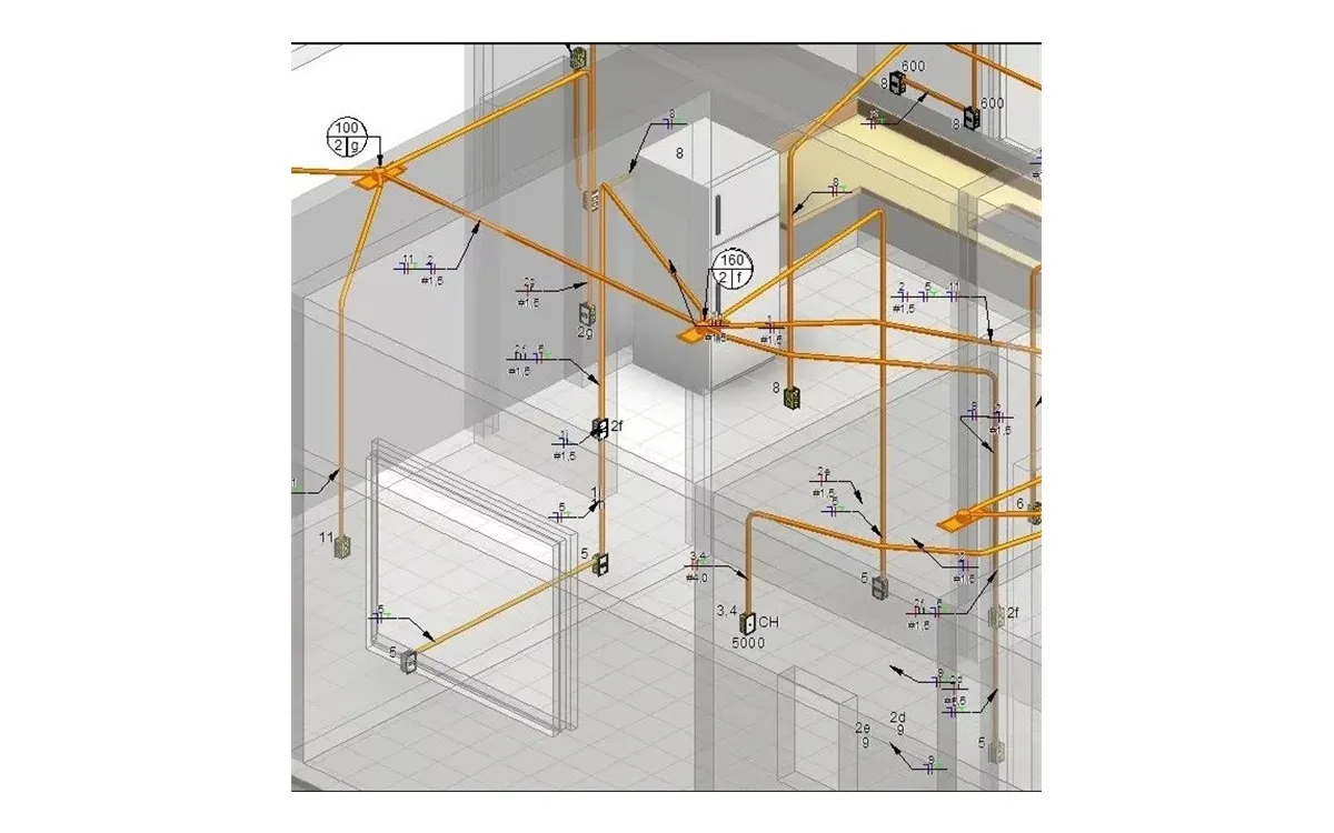 Perspectiva isométrica de projeto elétrico com eletrodutos, pontos e cargas cotadas