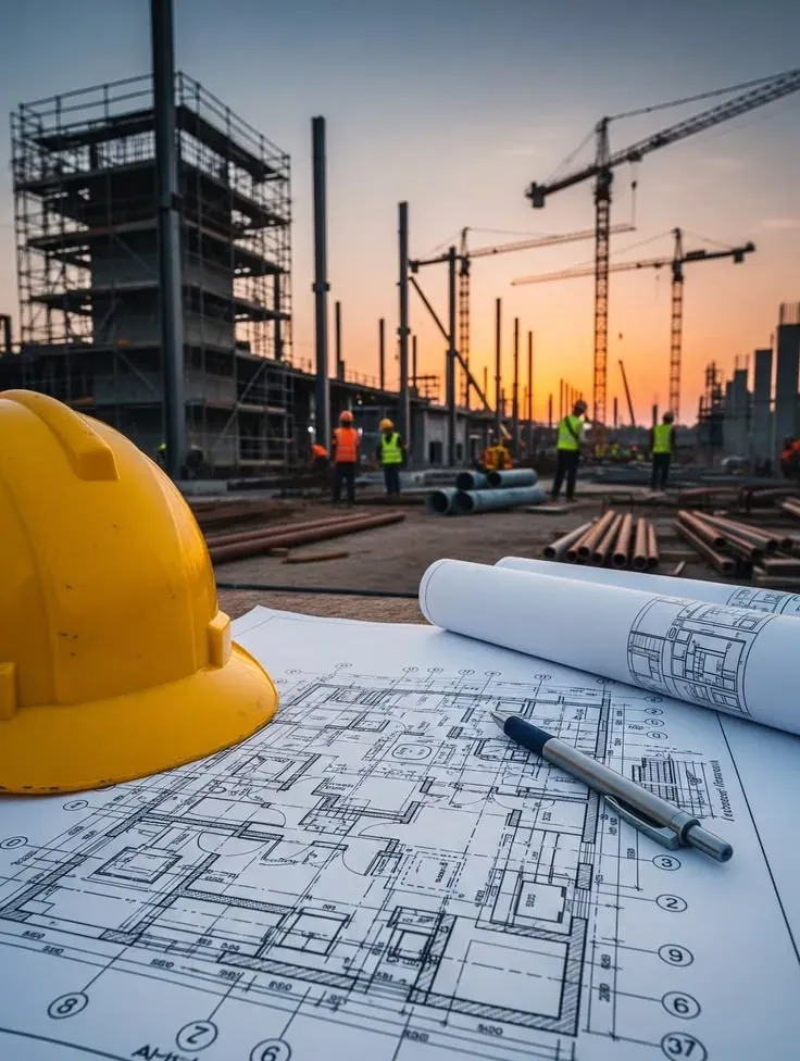 Planta de projeto e capacete sobre a mesa, com canteiro de obras e guindastes ao fundo